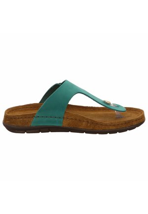 Teal thong sandal with a cushioned brown footbed, featuring a transparent toe thong, stitched detailing, and a flat rubber outsole.