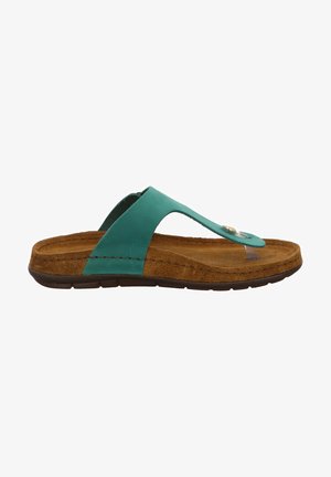 Teal thong sandal with a cushioned brown footbed, featuring a transparent toe thong, stitched detailing, and a flat rubber outsole.