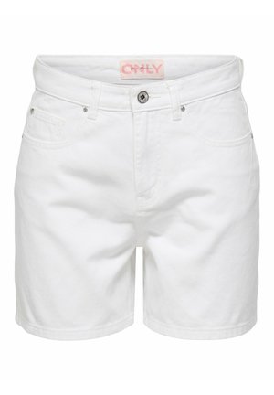 Hvide denimshorts med forreste knaplukning, bæltestropper og fem-lomme-design, vist mod en ensfarvet hvid baggrund.