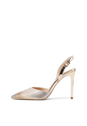 Décolleté con punta affilata in un motivo a gradiente, con decorazioni in strass e un cinturino slingback dorato metallico con fibbia regolabile.