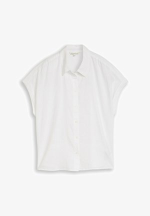 Cămașă albă cu mâneci scurte, nasturi și guler, cu croială lejeră, așezată pe o suprafață plată pe un fundal alb.
