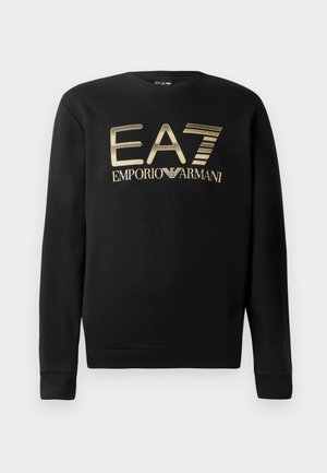 Schwarzer Pullover mit Rundhalsausschnitt, mit goldenem EA7 Emporio Armani-Logo auf der Brust. Weicher Stoff mit gerippten Bündchen und Saum.