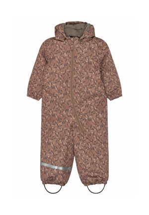 Combinaison de neige marron pour tout-petit avec motif feuilles, capuche, fermeture éclair à l’avant, poignets élastiques, bande réfléchissante sur la jambe et sangles pour les pieds assurant un bon maintien.