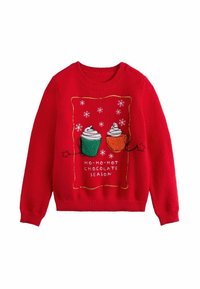 Maglione rosso con ricami di tazze di milkshake, una verde e una arancione, con fiocchi di neve e la scritta "STAGIONE DELLA CIOCCOLATA CALDA HO-HO-HOT".
