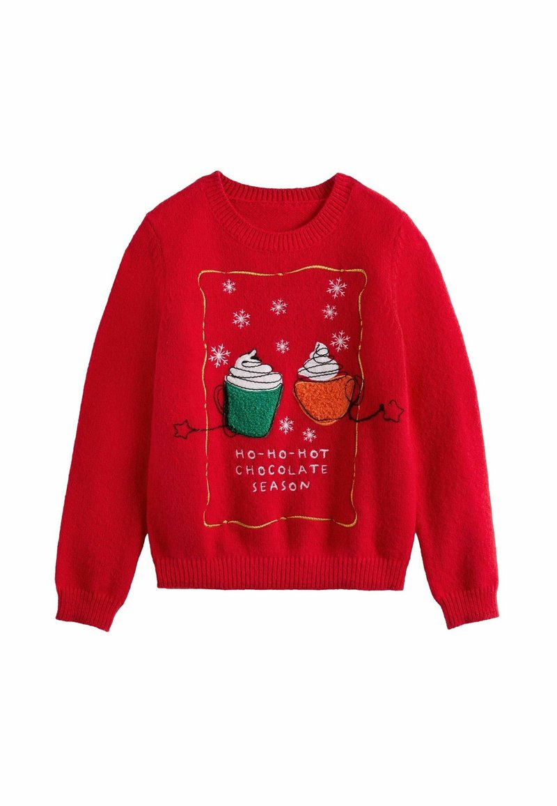 Maglione rosso con ricami di tazze di milkshake, una verde e una arancione, con fiocchi di neve e la scritta "STAGIONE DELLA CIOCCOLATA CALDA HO-HO-HOT".