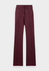 Pantalons larges bordeaux en tissu doux avec une taille à cordon de serrage et des plis à l'avant. Ourlet plat et texture lisse.