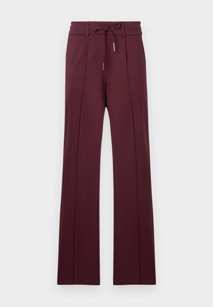 Pantalons larges bordeaux en tissu doux avec une taille à cordon de serrage et des plis à l'avant. Ourlet plat et texture lisse.