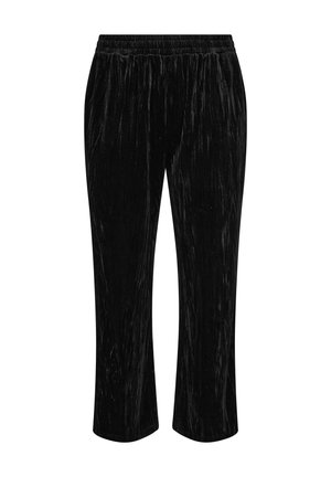 Black velvet trousers with a soft texture, featuring a wide leg design and an elastic waistband for comfort.