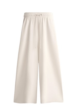 Pantaloni corti a gamba larga color crema realizzati in tessuto leggero, dotati di una vita elastica con coulisse per una vestibilità regolabile.