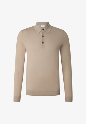 Beige long-sleeve knit polo shirt with a three-button placket and ribbed cuffs and hem, displayed on a plain white background.