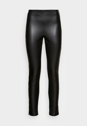 Black faux leather pants with a sleek design, featuring a high waist, slim fit, and ankle slits for added detail. Smooth texture throughout.