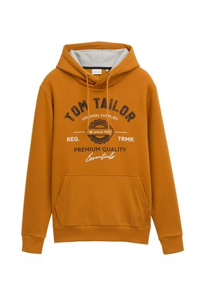 Felpa arancione con cappuccio, foderata in grigio, con tasca a marsupio frontale e stampa grafica sul petto. Realizzata in un materiale morbido.