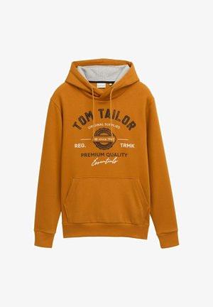 Felpa arancione con cappuccio, foderata in grigio, con tasca a marsupio frontale e stampa grafica sul petto. Realizzata in un materiale morbido.