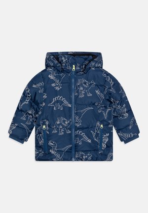 Marineblaue Steppjacke mit Dinosaurierumrissen, Reißverschlusstaschen und einer abnehmbaren Kapuze. Hergestellt aus leichtem, gestepptem Stoff mit glatter Textur.
