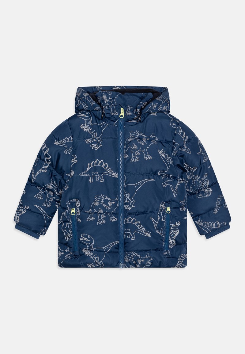 Navy sinivuori takki, jossa on dinosaurusten ääriviivat, vetoketjulliset taskut ja irrotettava huppu. Valmistettu kevyestä,_untilatusta kankaasta, jossa on sileä tekstuuri.