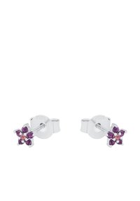 Orecchini a bottone in argento sterling con design floreale e gemme viola e rosa. Accenti testurizzati sul metallo; chiusura a perno.