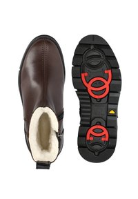 Braune Leder-Stiefelette mit Reißverschluss, Fleece-Futter, einer robusten Sohle aus schwarzem Gummi und roten Akzenten für Grip und Unterstützung.