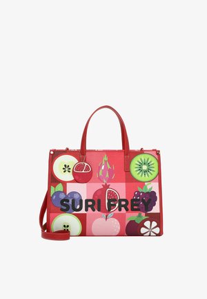 Red tote bag decorated with colorful fruit illustrations and "SURI FREY" text, featuring top handles and a detachable shoulder strap.