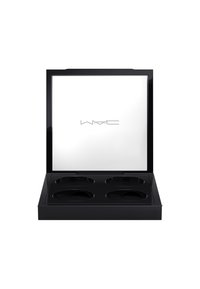 Czarna paleta do makijażu z lustrzanym wiekiem i czterema okrągłymi wgłębieniami na produkty, charakteryzująca się eleganckim, błyszczącym wykończeniem.