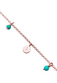 Bracciale a catena in oro rosa con perline in turchese, caratterizzato da un pendente rotondo contrassegnato "925" per la purezza dell'argento e un design di chiusura semplice.