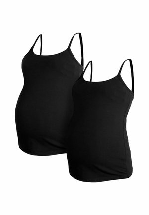 Două topuri de maternitate negre, realizate dintr-o țesătură moale și elastică. Acestea au bretele subțiri ajustabile și o croială ajustată pentru confort.