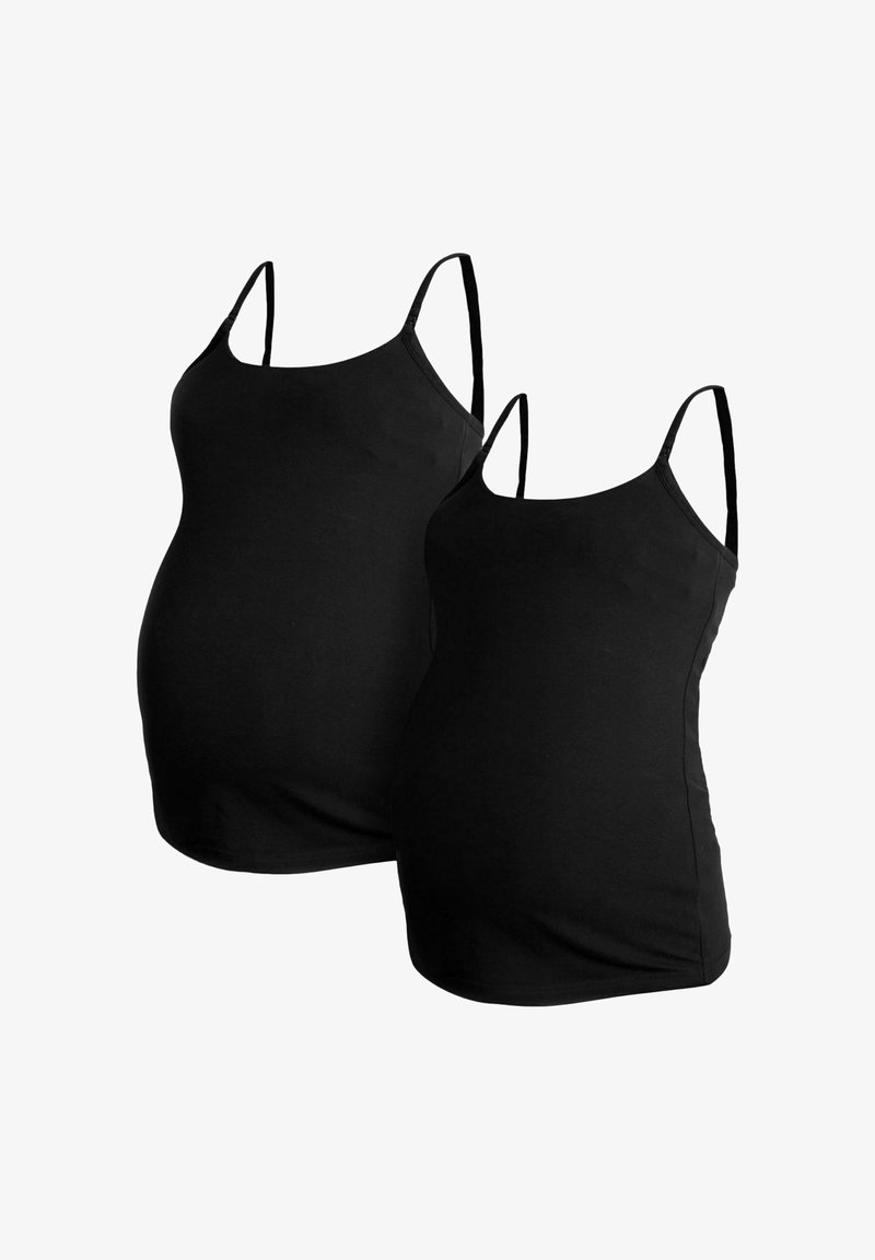 Kaks musta rasedus-tüüpi tank topi, mis on valmistatud pehmest ja venivast kangast. Neil on õhukesed reguleeritavad rihmad ja mugavaks lõikeks keha lähedane lõige.