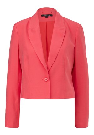 Korallenfarbener, taillierter Blazer mit einem Schalkragen, einem einzelnen Knopfverschluss und langen Ärmeln. Glatte Textur, minimalistisches Design und taillierte Passform.