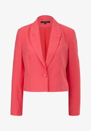 Coral-colored cropped blazer with a notched lapel, single button closure, and long sleeves. Smooth texture, minimalist design, and tailored fit.