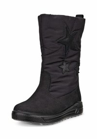 Svart ankelsko gjord av texturerat tyg och läder. Har stjärn-applikationer, en slouchad design och en texturerad gummisula för bra grepp.