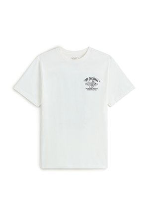 Wit T-shirt met korte mouwen met klein zwart "Off The Wall" Vans-logo en tekst op het linker borstgebied.