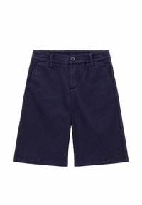 Shorts blu navy con cintura elastica, chiusura con un singolo bottone, due tasche laterali e taglio dritto. Tessuto leggero con texture liscia.
