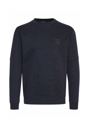 Sudadera azul marino con cuello redondo, mangas largas, tejido texturizado y un logotipo tonal en el pecho. Acabado suave, diseño casual.