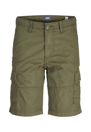 Shorts cargo en tissu vert olive, avec poches latérales, fermeture à bouton et détails en surpiqure. Style décontracté et matériau durable.