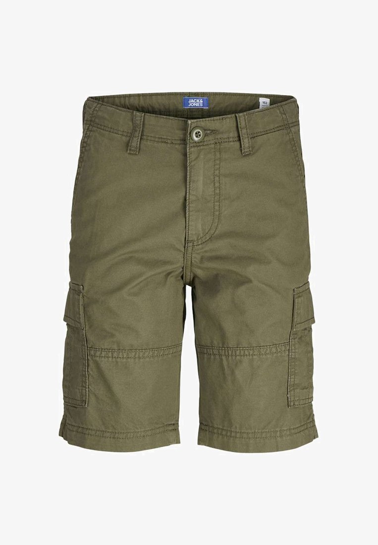 Shorts cargo en tissu vert olive, avec poches latérales, fermeture à bouton et détails en surpiqure. Style décontracté et matériau durable.