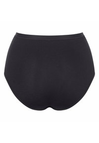 Schwarze, hoch taillierte Unterwäsche mit glatter Textur und geschwungener Form, ausgestattet mit einem weichen, elastischen Bund ohne sichtbare Muster oder Akzente.