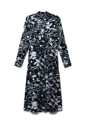 Robe longue à boutons avec un fond noir et des motifs floraux blancs, manches longues et silhouette droite.