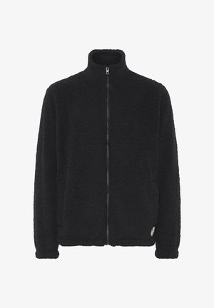 Juoda pūkinė striukė su aukštu apykakle, visiškai užtraukiama priekyje ir tekstūruota paviršiumi. Yra šoninės kišenės ir mažas etiketės akcentas.