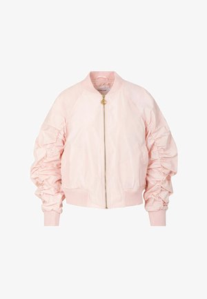 Jachetă bomber roz cu mâneci cu volane, realizată dintr-un material ușor, având un fermoar auriu și manșete și tiv striate.