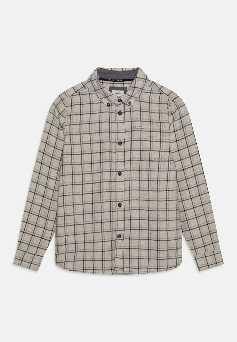 Chemise beige à manches longues avec motif à carreaux noir, col à boutons, poche poitrine et boutons noirs sur le devant.