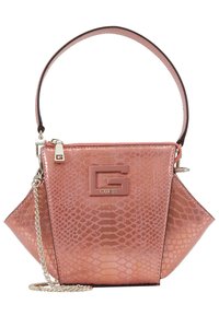 Vaaleanpunainen keinonahkainen käsilaukku, jossa on krokotiilijäljitelmäpinta, etupuolella G-logo ja irrotettava ketjusanka, sekä jämäkkä muoto.