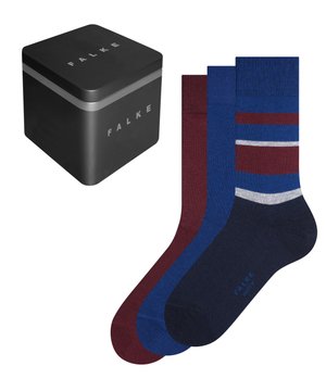 Falke Geschenkschachtel mit drei Paar Socken in Bordeauxrot, Blau und Marineblau, die unterschiedliche Streifen und Texturen aufweisen, mit Logo-Detail.