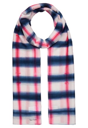 Long lightweight scarf with navy blue, pink, and white blurred plaid pattern, featuring "Paul Smith" logo on one end.