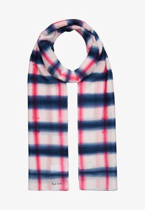 Lang let tørklæde med sløret ternmønster i marineblå, pink og hvid, med "Paul Smith" logo i den ene ende.