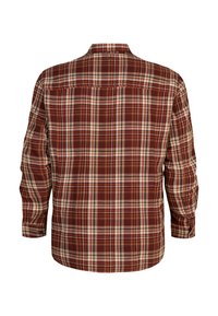 Rood en bruin geruit flanellen overhemd met lange mouwen, een puntige kraag en een enkele rugpas. Gemaakt van zachte, gestructureerde stof.