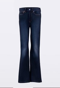 Mørkeblå vide jeans laget av denim, med fem lommer, kontrastsying og knappeklaff. Jevn tekstur med subtil vask.