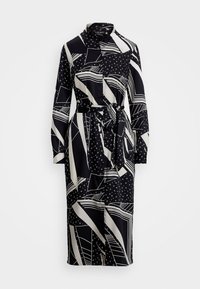 Svart- och krämfärgad mönstrad klänning med lång ärm, knappstängning fram, krage och matchande knytbälte, med abstrakta former och prickmönster.