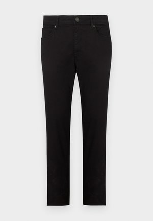 Black trousers made of cotton fabric, featuring a classic straight-leg design, with front pockets and a button closure at the waist.