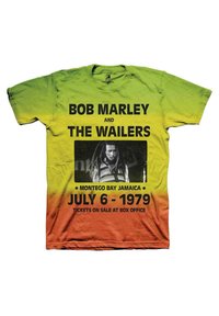 Green to orange gradient t-shirt featuring bold black text: "Bob Marley and The Wailers," concert details, and a black and white image.
