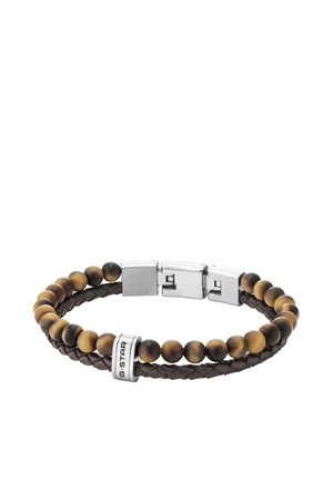 Bracelet homme avec perles rondes marron, bande en cuir tressé marron foncé, fermoir en argent et anneau en argent gravé G-STAR.