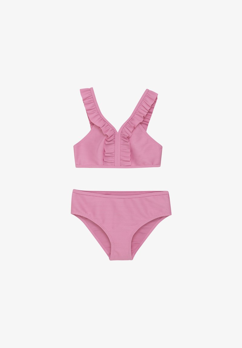 Rosa bikinitopp och -bikinibyxa med volangdetaljer på axelbanden, en strukturerad tyg och en triangelformad topp med matchande högmidjade bottoms.